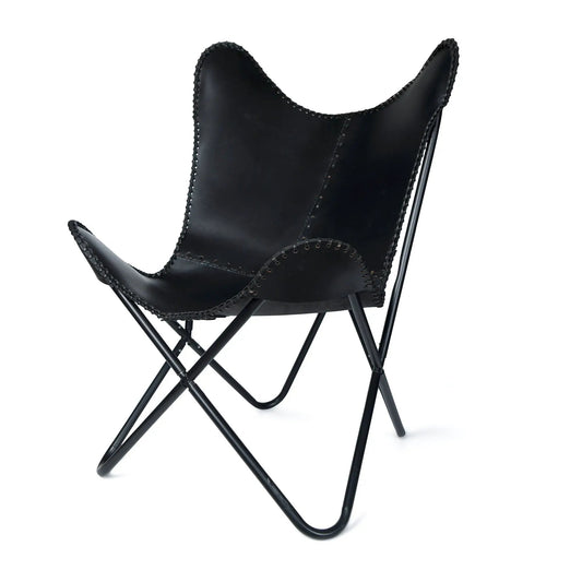 Jet Black Butterfly Chair handcrafted leather with visible saddle stitching and metal frame on Tampa Home & Garden Store