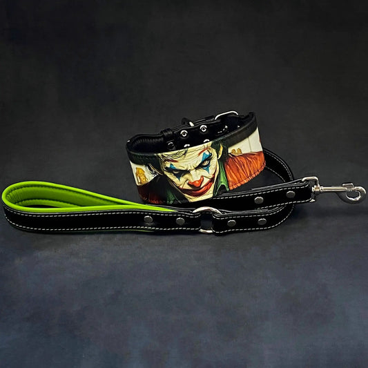 Joker Inspired Leather Dog Collar black leather with lime lining joker print on Tampa Home & Garden Store