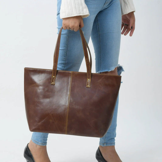 Kim Tote Bag in dark brown leather with sturdy stitched handles, women's tote bag on Tampa Home & Garden Store