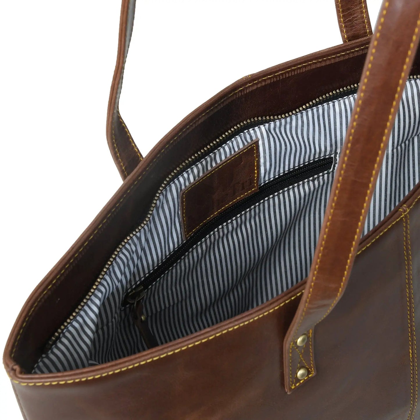 Kim Tote Bag leather handbag in dark brown with yellow contrast stitching and striped interior on Tampa Home & Garden Store