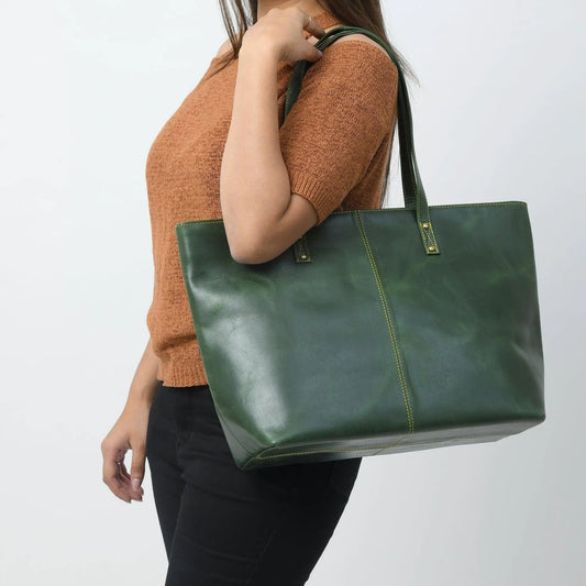 Kim Tote Bag Green leather tote with dual handles and gold hardware on Tampa Home & Garden Store