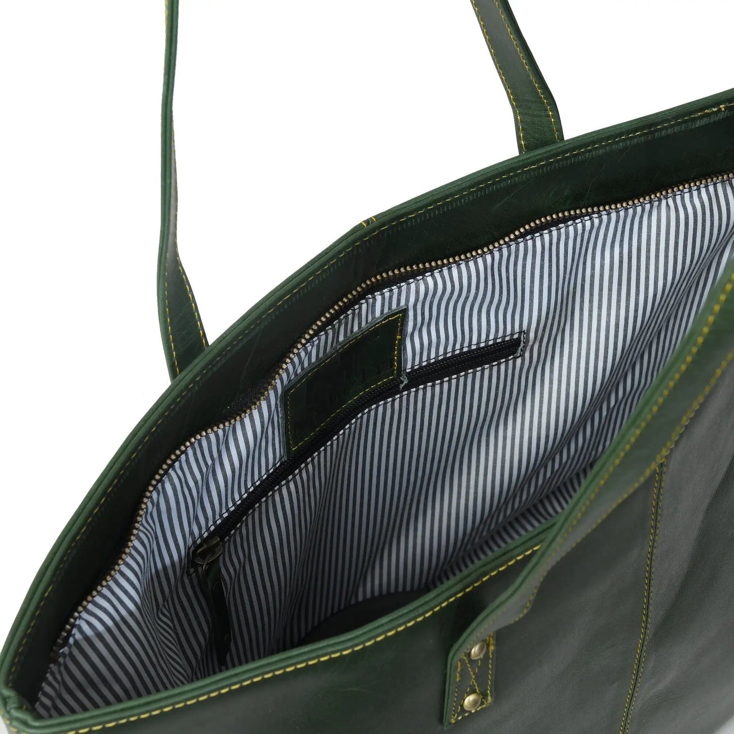 Kim Tote Bag Green leather handbag with yellow contrast stitching and striped fabric lining on Tampa Home & Garden Store