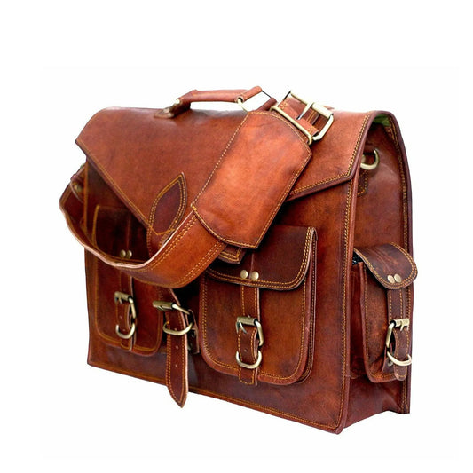 Lawyer briefcase messenger bag in brown leather with brass buckles and multiple pockets on Tampa Home & Garden Store
