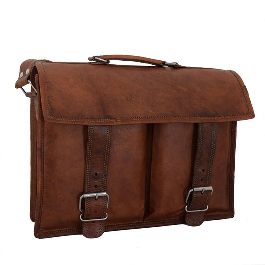 Vintage leather lawyer briefcase laptop bag with distressed brown and buckle closures on Tampa Home & Garden Store