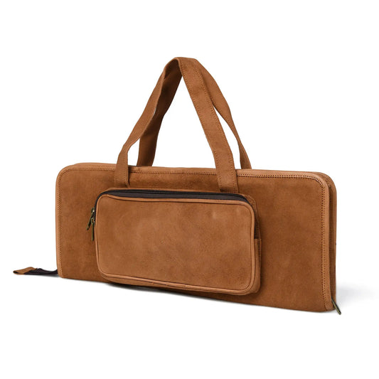 Brown buffalo leather drumstick case with front zip pocket and top handles on Tampa Home & Garden Store