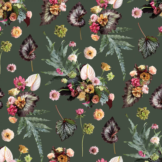 Wallpaper the Little Branch in Green featuring botanical leaves and peach blooms on Tampa Home & Garden Store