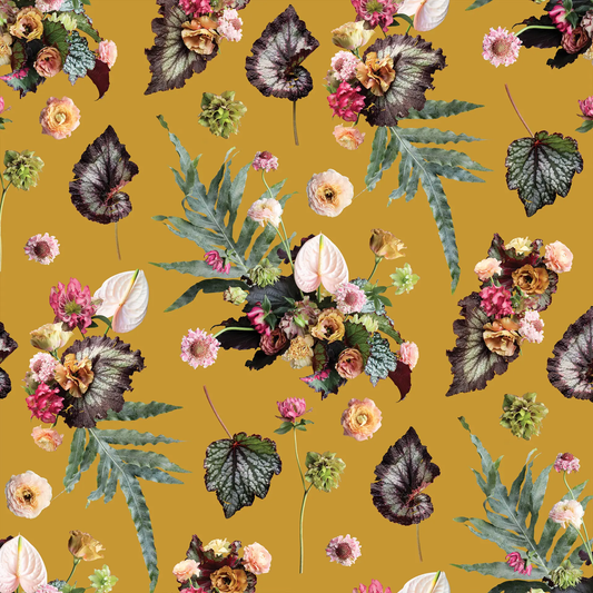 Wallpaper the Little Branch Mustard pattern with botanical blooms on a mustard backdrop on Tampa Home & Garden Store