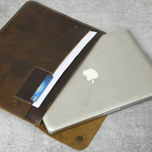 Slim Buffalo Leather MacBook Folio Travel Case brown leather laptop sleeve with card slots on Tampa Home & Garden Store