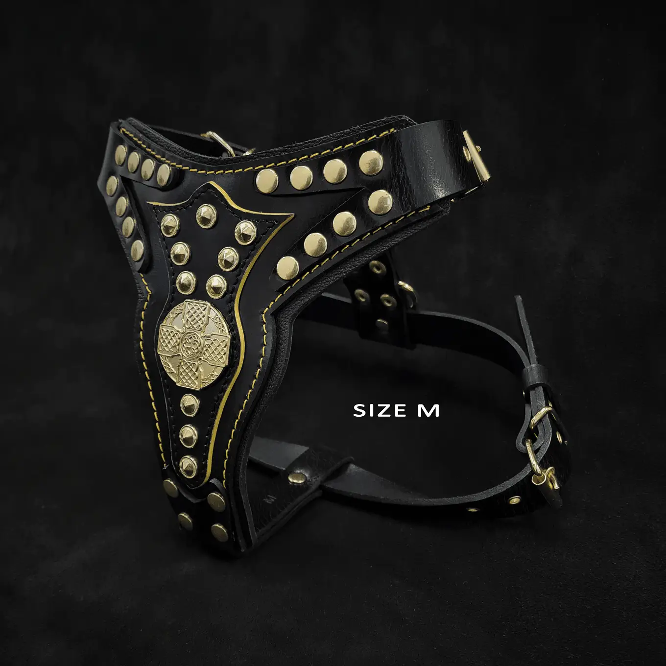 Maximus Harness V2 Italian Leather black dog harness with gold studs, size M by Bestia on Tampa Home & Garden Store