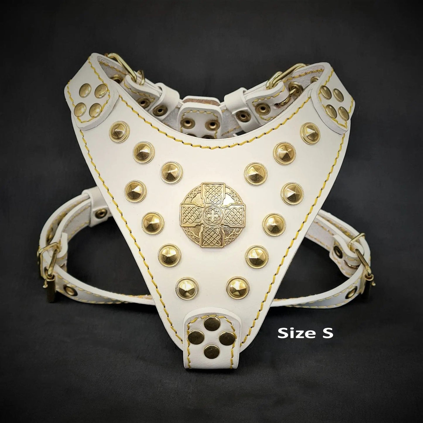 Maximus white genuine leather harness with gold studs and emblem, Size S by Bestia Dog Gear on Tampa Home & Garden Store