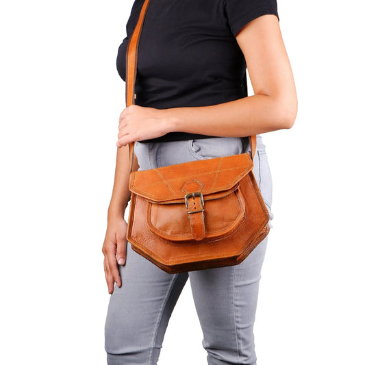the Maxwell Satchel Feminine Crossbody Bag warm tan leather with front buckle on Tampa Home & Garden Store