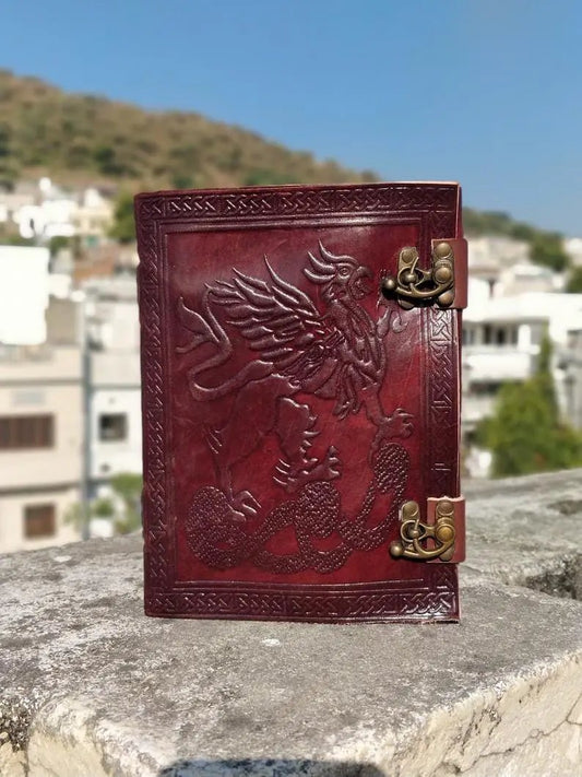 Memphis Leather Notebook Goatskin Journal leather with dragon embossing brass clasps on Tampa Home & Garden Store