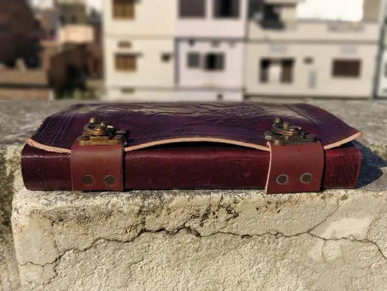 Memphis Leather Notebook Goatskin Journal by Classy Leather Bags, burgundy with brass hardware on Tampa Home & Garden Store
