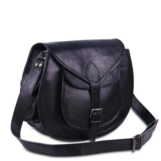 Soft leather crossbody bag in black full-grain goat leather with sturdy strap and hardware on Tampa Home & Garden Store