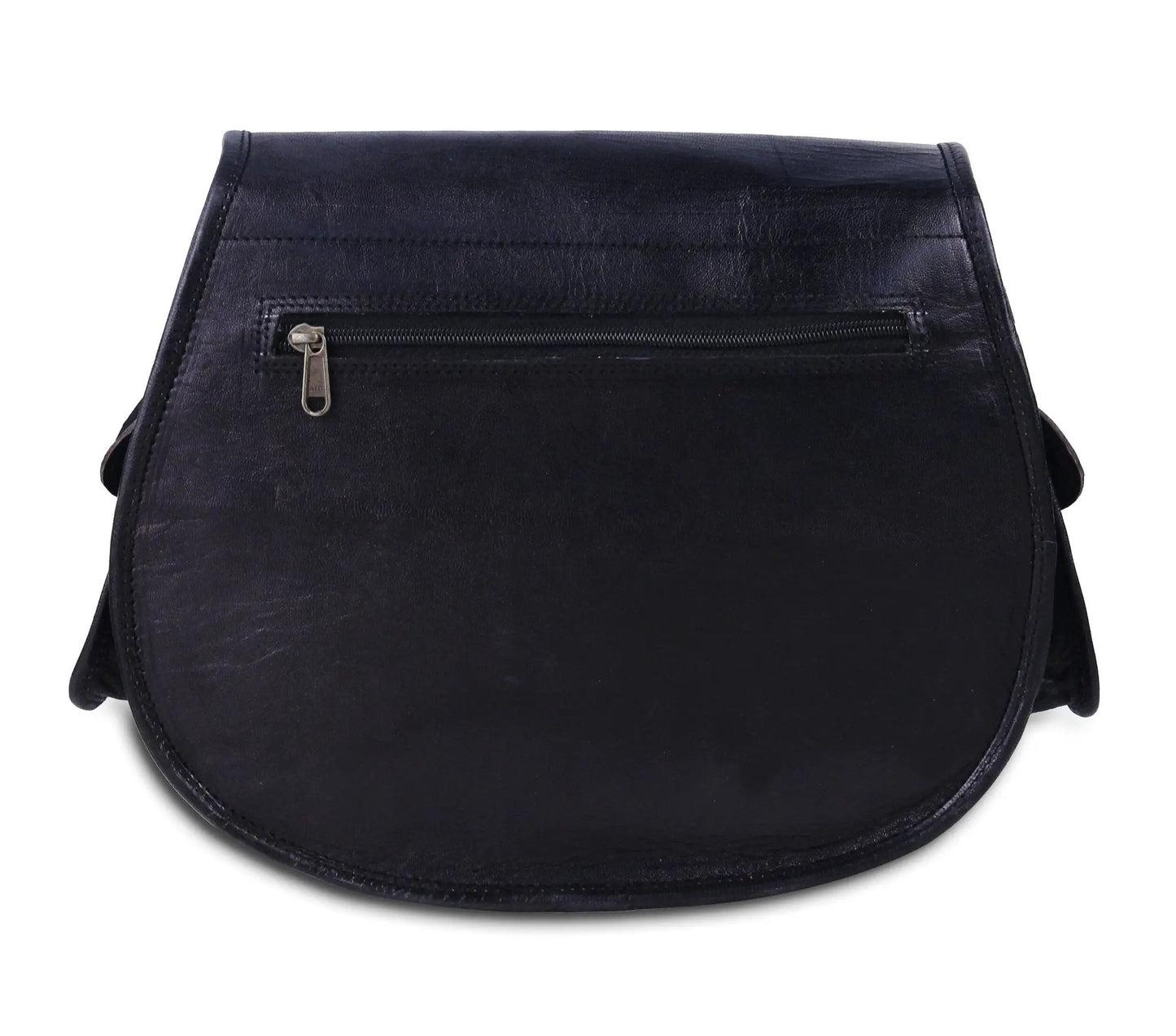 Soft black full-grain goat leather crossbody bag with zippered back pocket on Tampa Home & Garden Store