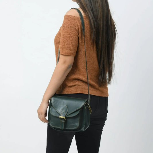 Molina Satchel Green Leather Crossbody bag with long strap and gold hardware on Tampa Home & Garden Store