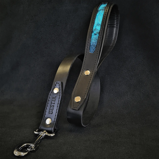 Morelia Python Leash with turquoise python-pattern leather inlay on black strap, Bestia Dog Gear on Tampa Home & Garden Store