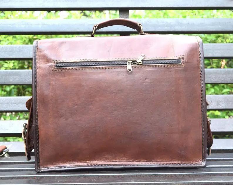 Leather Messenger Bag brown with top handle and back zipper pocket Classy Leather Bags on Tampa Home & Garden Store