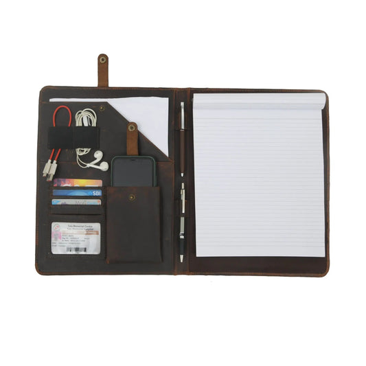 Multitasker Leather Padfolio and Organizer in brown leather with notepad, card slots, and phone pocket on Tampa Home & Garden Store