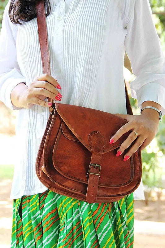 Nichols Leather Crossbody Bag with Strap, brown saddle leather, flap buckle, adjustable strap on Tampa Home & Garden Store