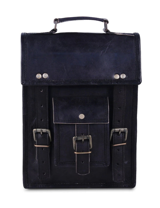 Nightfall black leather crossbody bag with front flap, metal buckles and top handle on Tampa Home & Garden Store