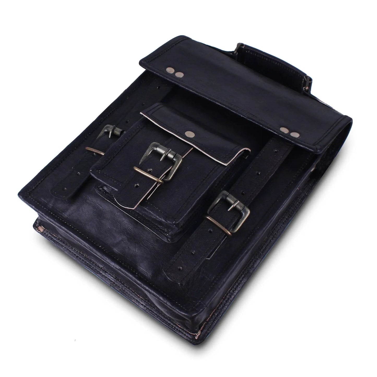 Nightfall black leather crossbody bag with buckle straps and silver hardware Classy Leather Bags on Tampa Home & Garden Store