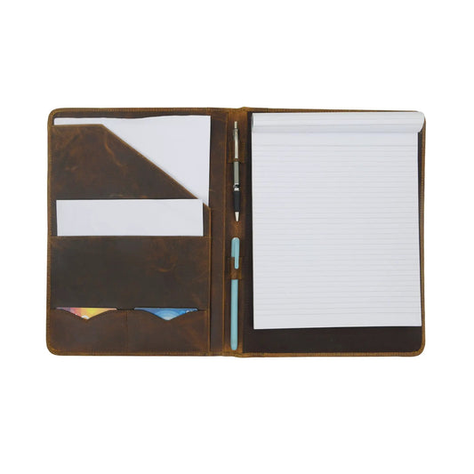 Leather Padfolio Organizer in brown leather with card slots and notepad, pen loop on Tampa Home & Garden Store