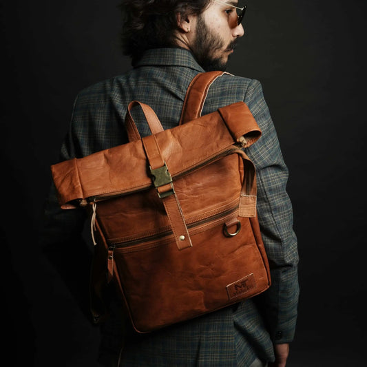 Ortiz Rucksack Premium Leather School Backpack brown leather with metal hardware worn on back on Tampa Home & Garden Store