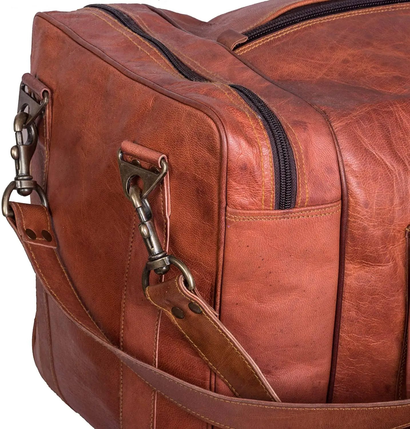Oversized men's leather travel duffel bag in brown distressed leather with metal hardware on Tampa Home & Garden Store