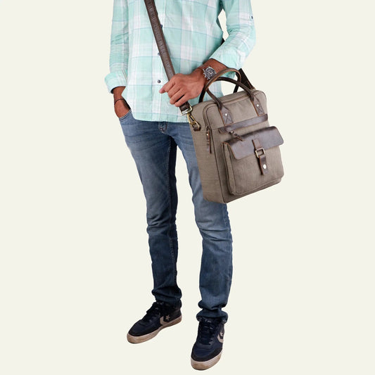 Parker Canvas Messenger Bag with Leather Trim, tan canvas and brown leather accents on Tampa Home & Garden Store