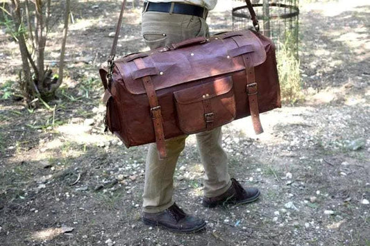 Peterson Goat Leather Vintage Duffle Bag brown leather with front pockets and buckle straps on Tampa Home & Garden Store