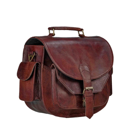 Camera Satchel in burgundy full-grain goat leather with brass hardware and top handle on Tampa Home & Garden Store
