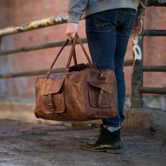 Portland Goat Leather Weekender Duffle brown goat leather with front pockets Classy Leather Bags on Tampa Home & Garden Store