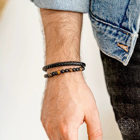 Tiger's Eye Bracelet; two-bracelet set with black braided leather and tiger's eye beads on Tampa Home & Garden Store