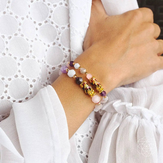 Prosperity Amethyst two-bracelet set with purple amethyst, white beads, and gold-tone spacers on Tampa Home & Garden Store