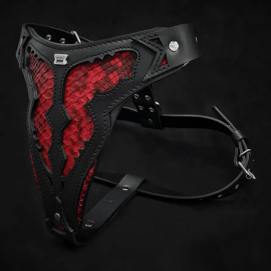 Red Dragon Leather Harness for Large Dogs by Bestia Gear, dragon panels with black leather trim on Tampa Home & Garden Store