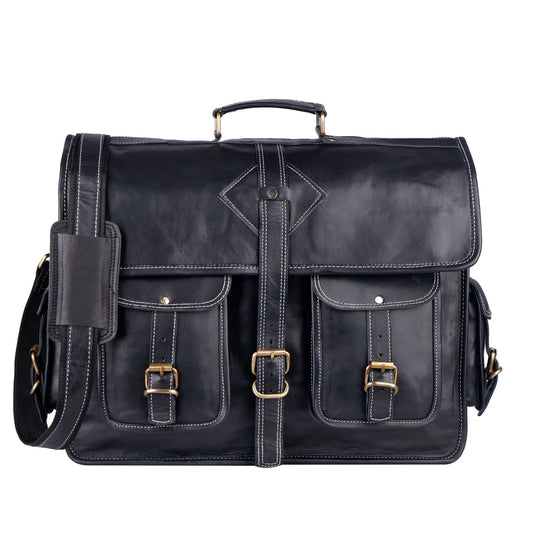 Retro Black Leather Messenger Bag by Classy Leather Bags with brass buckles and stitching on Tampa Home & Garden Store