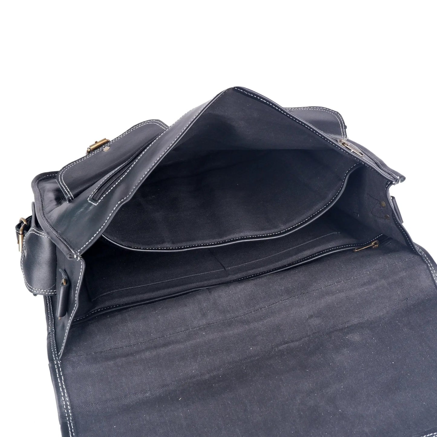 Retro Black Leather Messenger Bag by Classy Leather Bags, black leather with white contrast stitching and brass hardware on Tampa Home & Garden Store