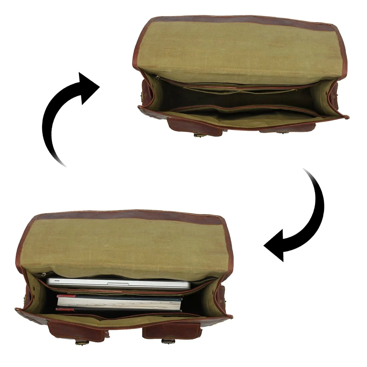 Retro II Office Briefcase for Laptop in olive canvas with brown leather trim, open to show laptop and papers on Tampa Home & Garden Store