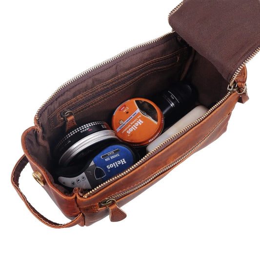 Reuben Travel Dopp Kit in Buffalo Leather, brown leather toiletry bag with zipper on Tampa Home & Garden Store