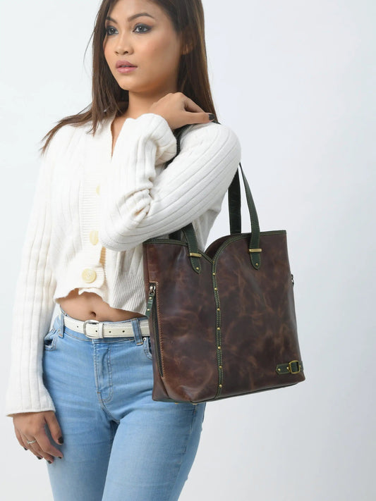 Riley Brown Leather Handbag for Women with brown leather body and green handles on Tampa Home & Garden Store