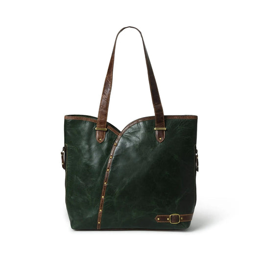 Riley Handbag, green leather shoulder bag with brown straps and gold-tone hardware on Tampa Home & Garden Store