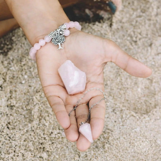 Rose Quartz Healing Crystal Set bracelet pendulum with pink beads and silver tree charm on Tampa Home & Garden Store