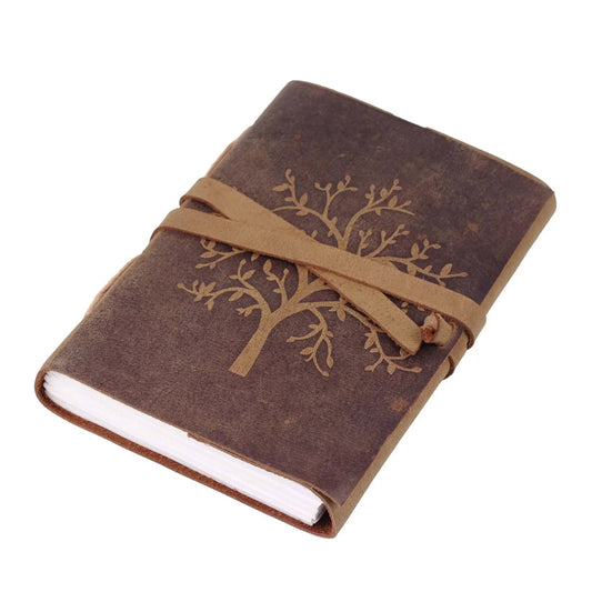 Sapling Buffalo Leather Journal with tan wrap strap and gold botanical engraving on Tampa Home & Garden Store