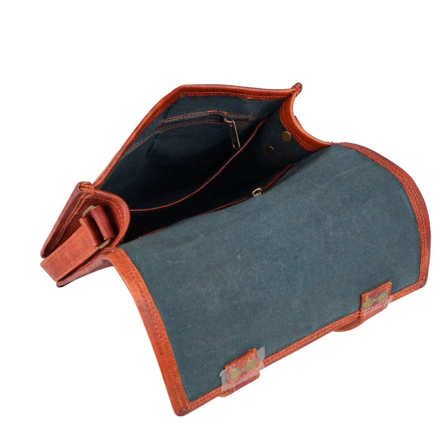 Brown leather crossbody bag with adjustable strap, orange trim and blue interior on Tampa Home & Garden Store