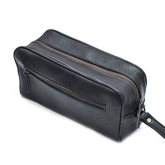 Single Section Toiletry Bag black leather with copper zipper accents on Tampa Home & Garden Store