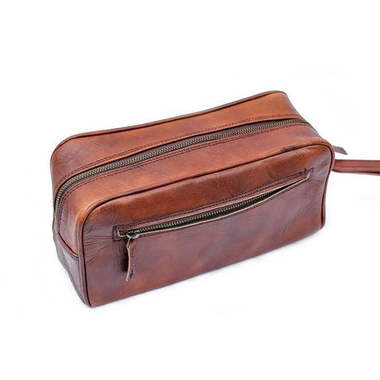 Single Section Leather Toiletry Bag in Brown with zipper closure, travel-ready on Tampa Home & Garden Store