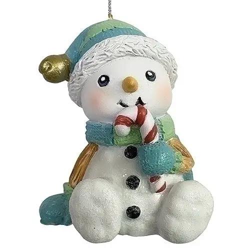 Sweetest Snowman Ornament hand painted polyresin with teal scarf and candy cane on Tampa Home & Garden Store