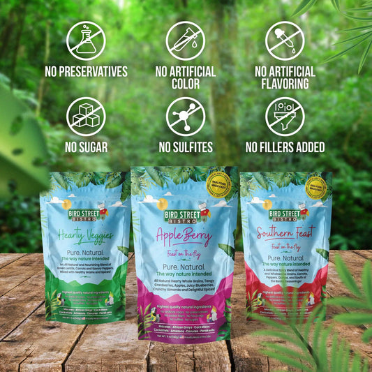 Parrot Food Tri-Pack Sampler by Bird Street Bistro; several colorful bags shown on Tampa Home & Garden Store