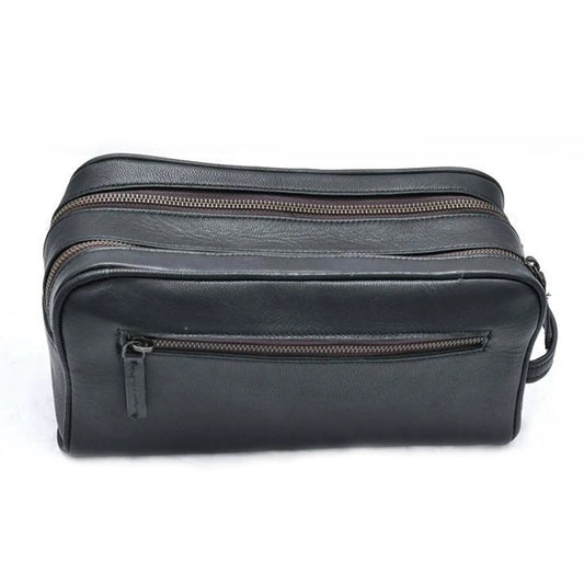 Twin-Section Toiletry Bag in black leather with dual zippers on Tampa Home & Garden Store